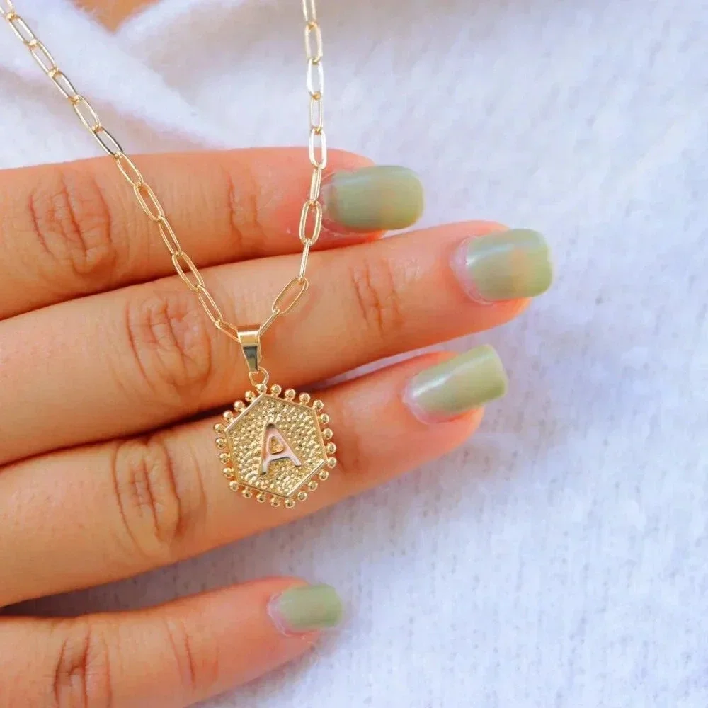 ▶ 2 LAYER GOLD LETTER INITIAL COIN HEXAGONAL PENDANT  DAINTY NECKLACE, ELDM22335_8